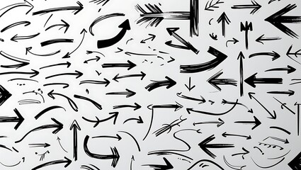 Dense black-and-white sketch of varied hand-drawn arrows—straight, curved, looping, wavy—dynamic lines, overlapping, creating abstract, energetic sense of direction and flow.
