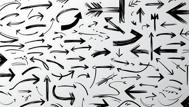 Dense black-and-white sketch of varied hand-drawn arrows—straight, curved, looping, wavy—dynamic lines, overlapping, creating abstract, energetic sense of direction and flow.