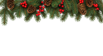 christmas tree branches and decorations border, christmas garlands, for copy space isolated on white or transparent background