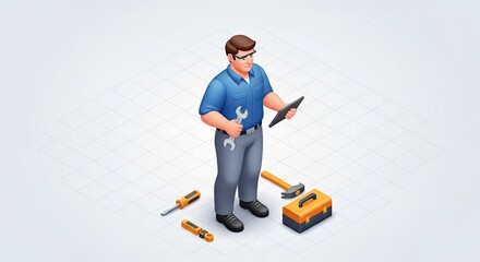 A man in a blue shirt and gray pants holding a tablet with a wrench and tools around him.