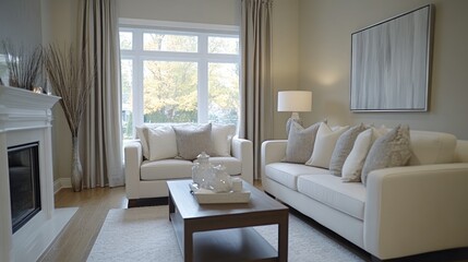 Obraz premium Cozy living room with fireplace and large window