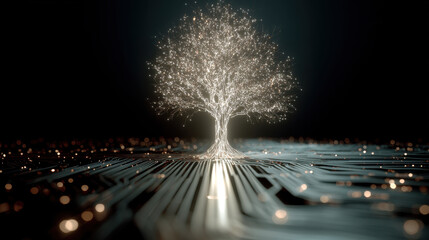 Holographic circuit tree glowing futuristic network, serene wonder and tech mystique
