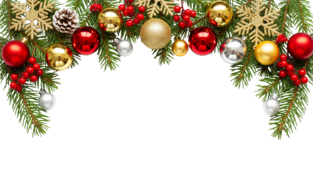 A festive holiday border of evergreen branches adorned with red berries and pinecones, isolated on white or transparent background, for Christmas holiday