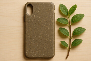 Eco-Friendly Biodegradable Phone Case Mockup on a Wooden Desk with a Green Leaf