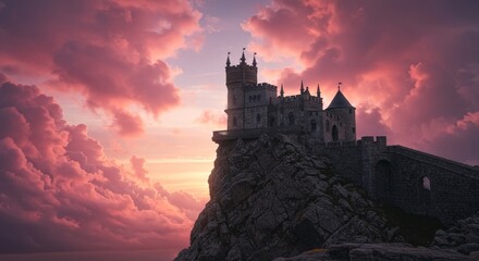 Obraz premium Castle on a cliff surrounded by pink clouds.