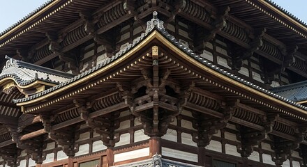 Fototapeta premium Detailed view of a traditional Japanese temple roof structure.