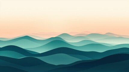 Serene Abstract Landscape with Soft Curved Hills in Gradient Shades of Blue and Green Under a Gentle Peach Sky at Dawn
