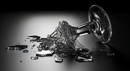 Broken Clear Glass Candlestick with Shattered Pieces on Dark Surface