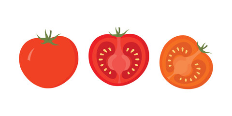 Ripe Tomato Vector – Whole and Sliced Half Fresh Red Vegetable Illustration