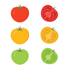 Colourful Tomatoes Vector – Red, Green, and Yellow Whole and Sliced Halves Illustration for Fresh Vegetable Design