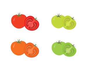 Red, Green, and Yellow Tomatoes Vector – Whole and Halved Fresh Vegetable Illustration