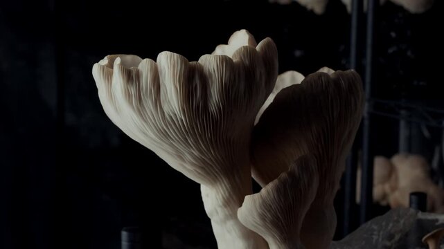 King oyster mushroom stands tall with elegant folds and smooth texture. A slow sideways camera move zooms out, revealing its full shape and surrounding dark grow room structure.