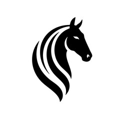 Striking black horse head logo with elegant flowing mane design