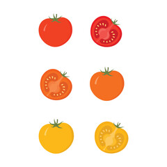 Full and Half Cut Red, Yellow, and Green Tomatoes – Fresh Vegetable Vector Illustration