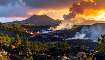 Panorama of Erupting Volcano and Flowing Lava Fields