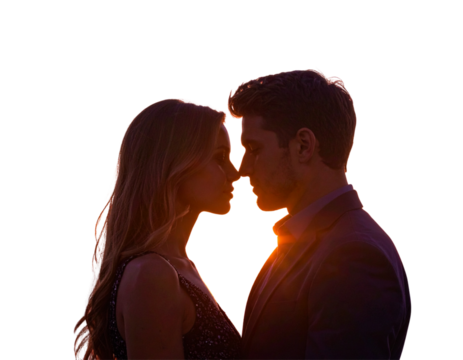 Affectionate Couple in Love Silhouette with Scenic Sunset Horizon