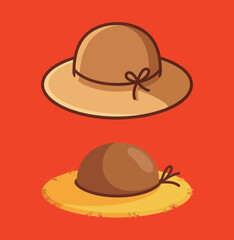 Two brown summer sun hats with bows, symbolizing travel, vacation, beach holidays, and stylish sun protection.