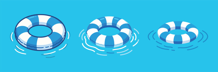 Three blue and white striped lifebuoys floating on a blue water background, symbolizing safety, summer, and recreational water activities.