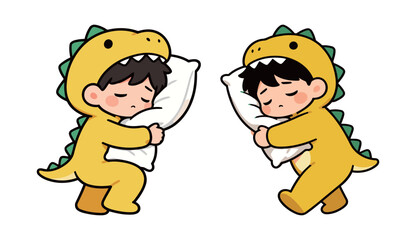 Two cute children wearing dinosaur pajamas and sleeping while hugging pillows, representing childhood, rest, comfort, and dreams.