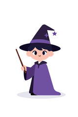 A cute little wizard boy in a purple robe and hat holding a magic wand, a concept of fantasy, magic, imagination, and fairy tales.