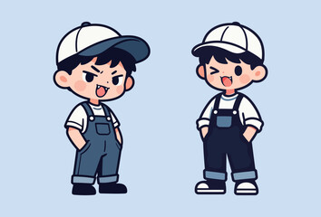 Two cartoon boy characters in blue denim overalls and white t-shirts with baseball caps, standing together on a light blue background.