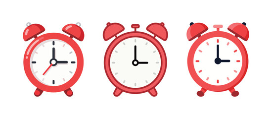 Three red vintage alarm clocks with bells on top, showing different times and representing time, punctuality, and deadlines on a white background.