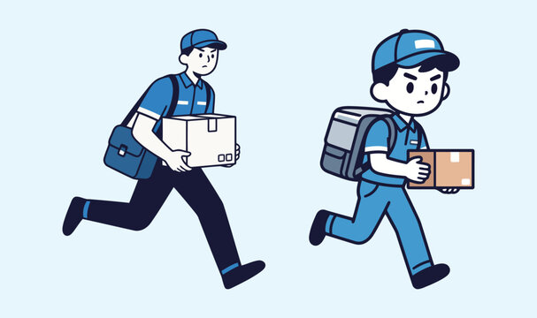 Two cartoon delivery men running with packages, wearing blue uniforms, symbolizing fast and reliable delivery service on a light blue background.
