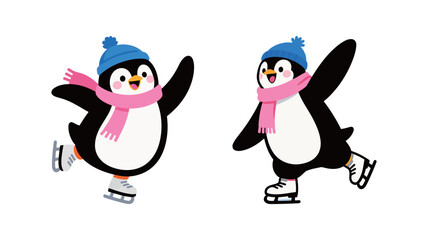 Two cute cartoon penguins wearing hats and scarves and ice skating, representing winter activities and fun.