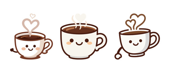 Three cute cartoon coffee cups with heart-shaped steam, representing love, warmth, and a cozy coffee break.