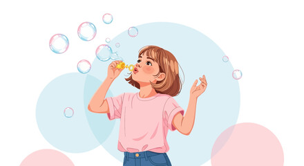 Girl Joyfully Blowing Bubbles While Playing Outdoors, A Happy Moment Captured
