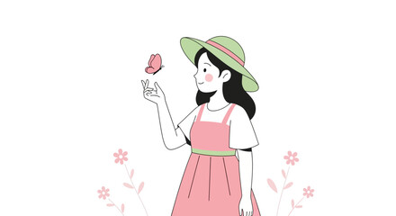 Girl With Hat Interacts With Butterfly In An Elegant And Joyful Composition