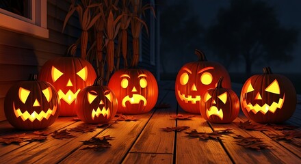 Obraz premium Glowing Jack O Lanterns on Wooden Deck at Night.
