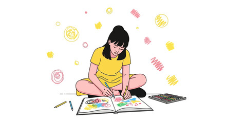 Girl's Artistic Journey: Creative Expression Illustrated with Colored Pencils and Color Swatches