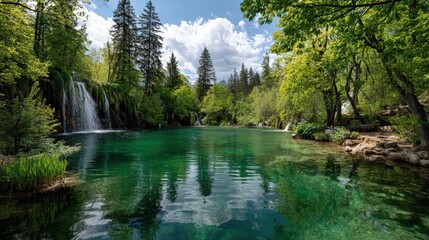 Forest lake with waterfalls