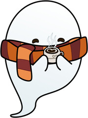 Cozy Coffee Ghost with Scarf Cute Halloween Cartoon Illustration