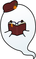 Bookish Reading Ghost with Beret Cute Halloween Cartoon Illustration
