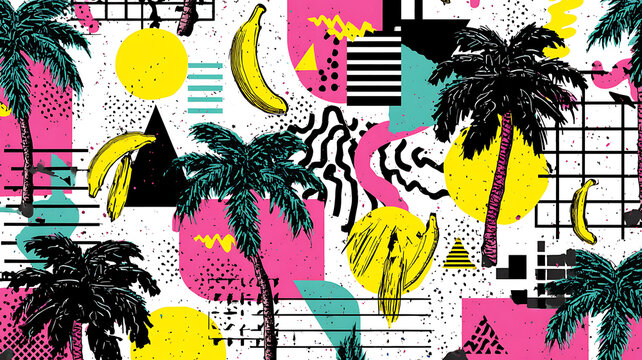 Tropical summer collage with bananas, palm trees, and abstract geometric shapes in a vibrant retro style.