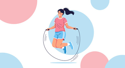 Excited Athlete Using Jump Rope During A Fitness Session With Colorful Geometric Shapes