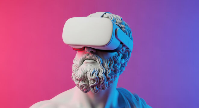 Classical Greek marble man bust wears modern VR headset, immersed in metaverse, vibrant pink blue hues neon light, ancient museum art with future technology blend