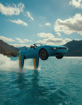 Spectacular photo of a modern sports car soa above a serene lake on yellow and blue ramps du daytime with scenic mountains and blue sky in the background