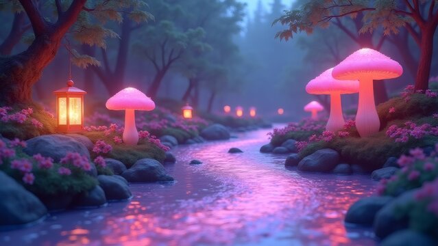 Enchanted pink mushroom forest with river and glowing lanterns at twilight - Powered by Adobe