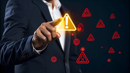 Businessman using digital warning sign interface to illustrate risk management, hazard prevention, and security alert for potential threat and danger