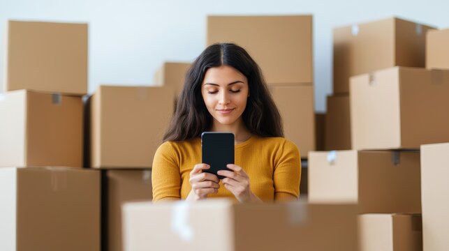 Young woman uses smartphone among cardboard boxes in a modern interior, representing organization, moving, or home delivery concepts, with a focus on technology. - Powered by Adobe