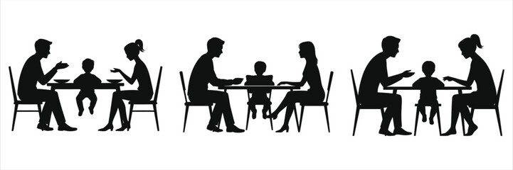 Silhouette of family eating together at dining table, parents with children sharing meal, family dinner illustration symbolizing love, parenting, togetherness, lifestyle, home dining, parenting..
