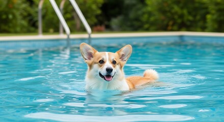 Happy corgi dog swimming in a clear blue swimming pool.