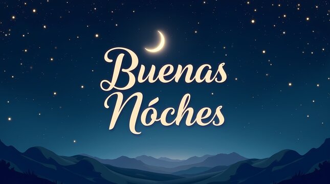Beautiful "Buenas Noches" night greeting with glowing moon, starry sky, and mountains. Perfect for cards, social media, wallpapers, and inspirational quotes