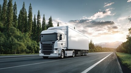 White Semi-Truck Transporting Goods on a Highway, Illustrating Logistics and Delivery Services Under Blue Sky
