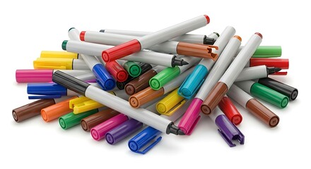 Pile of colorful markers for drawing and writing on white background.