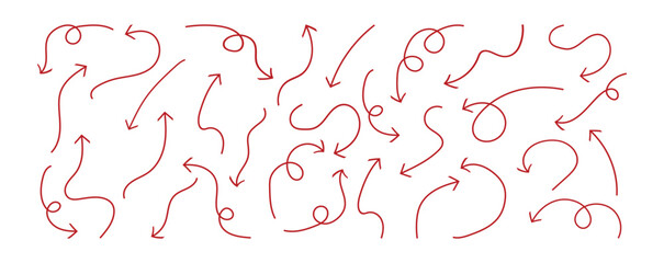 Set of Red hand draw arrows. Hand-drawn doodle arrows in various curved, wavy, and looped styles. Chalk, sketch-style navy arrows perfect for direction.  