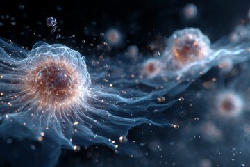 Floating Virus Particles Resemble Tiny Galaxies in a Cosmic Scene Filled With Vibrant Details Generative AI